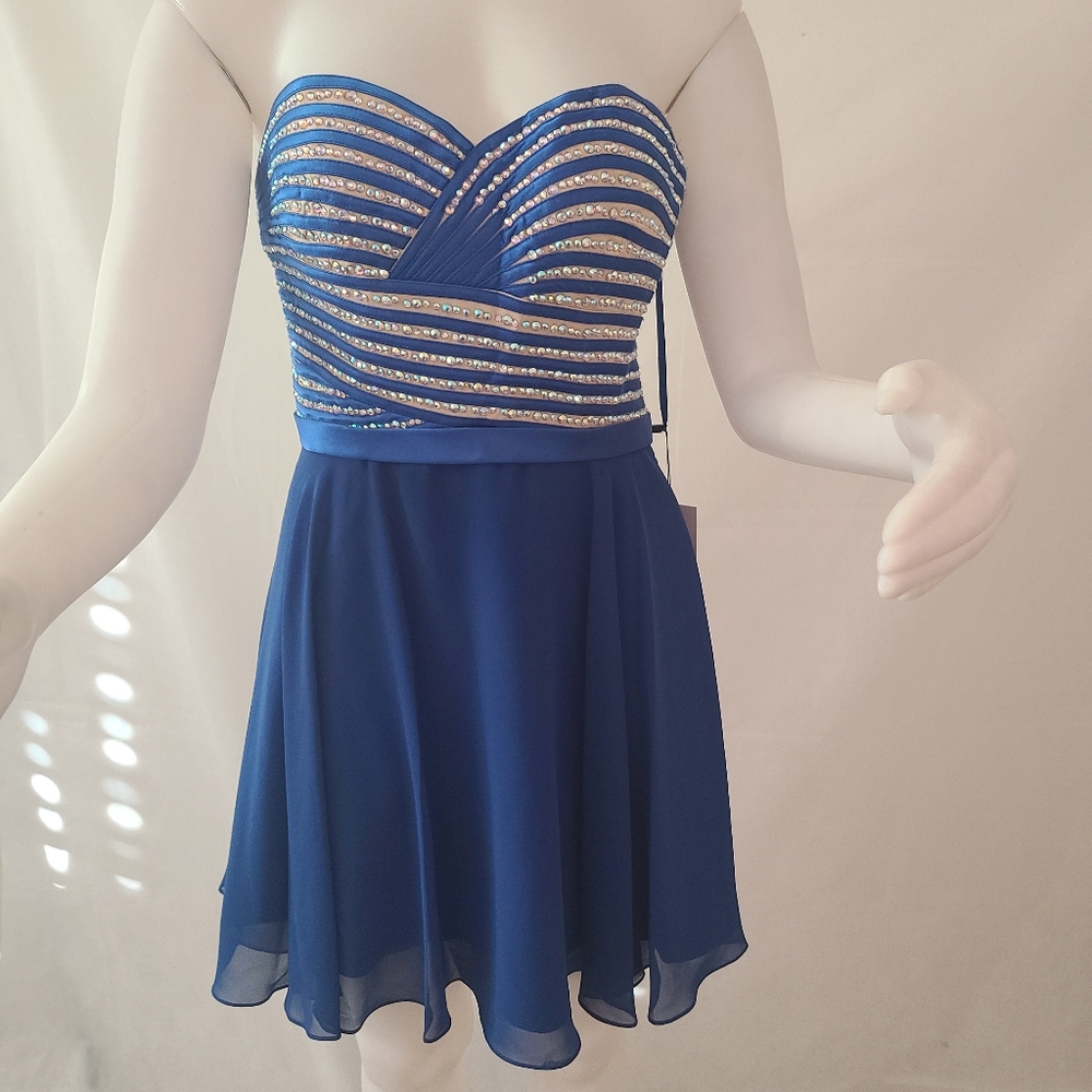 Jolene Women's Strapless Chiffon Blue Dress with Crystal Bodice